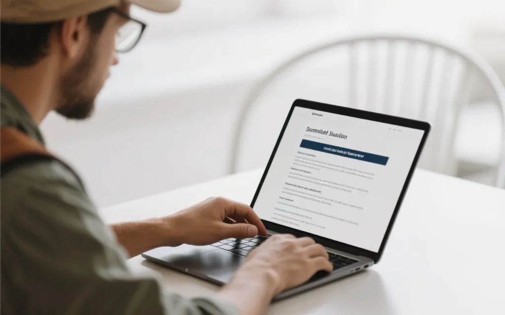 旅行者在笔记本电脑上订阅正规流媒体服务并查看条款的场景，强调合规与安全