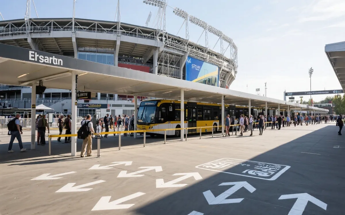 球迷在城市枢纽查看赛日交通信息与接驳指引的场景